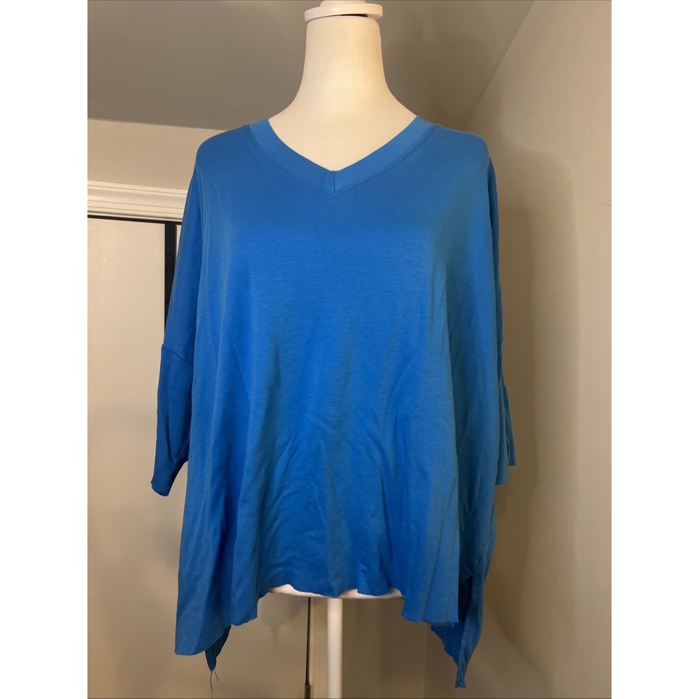 Planet by Lauren G Blue Pima Cotton V-Neck Boxy Tee One Size Fits All OSFA